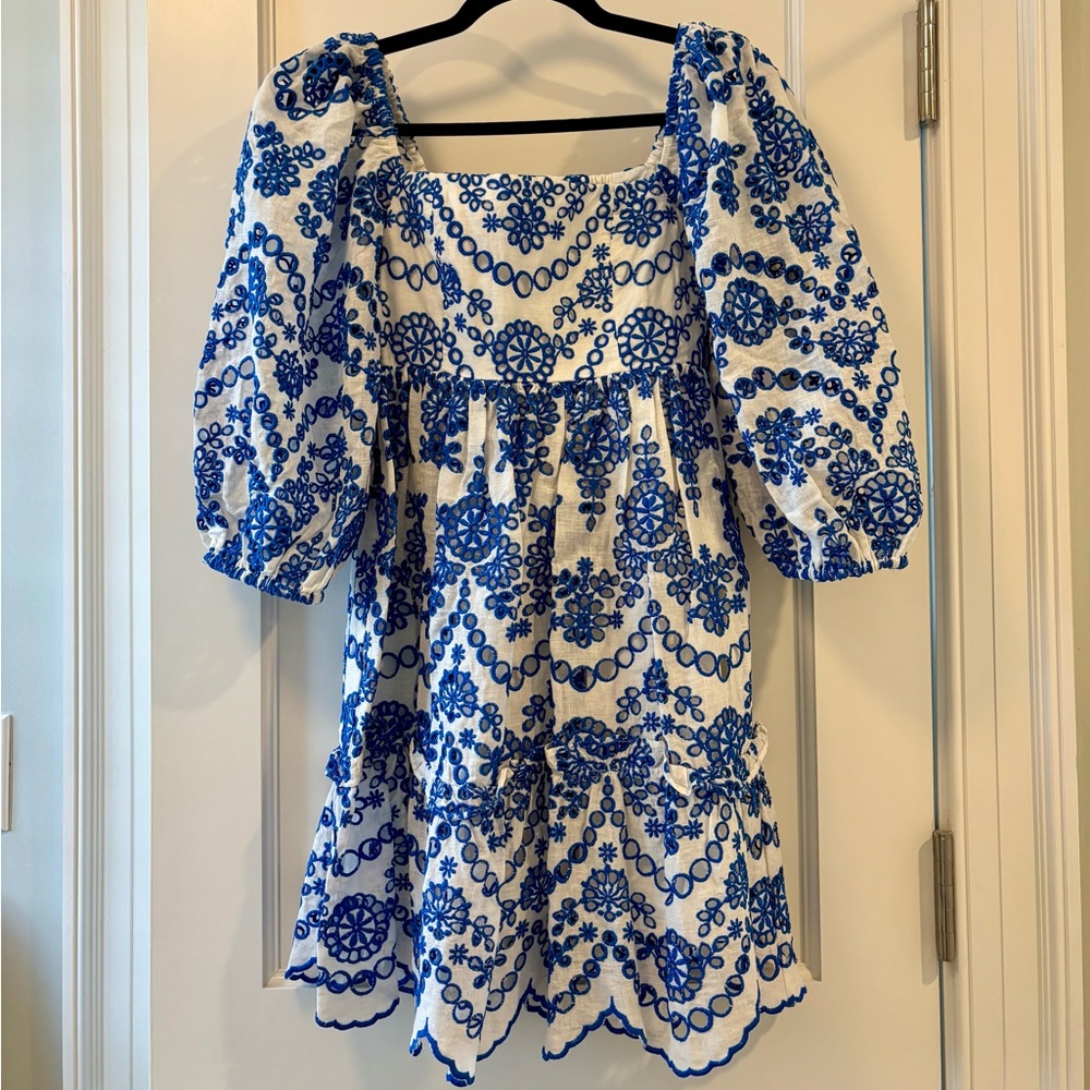 NWT Cara Cara Sip Sip Blue and White Eyelet Dress, Size XS